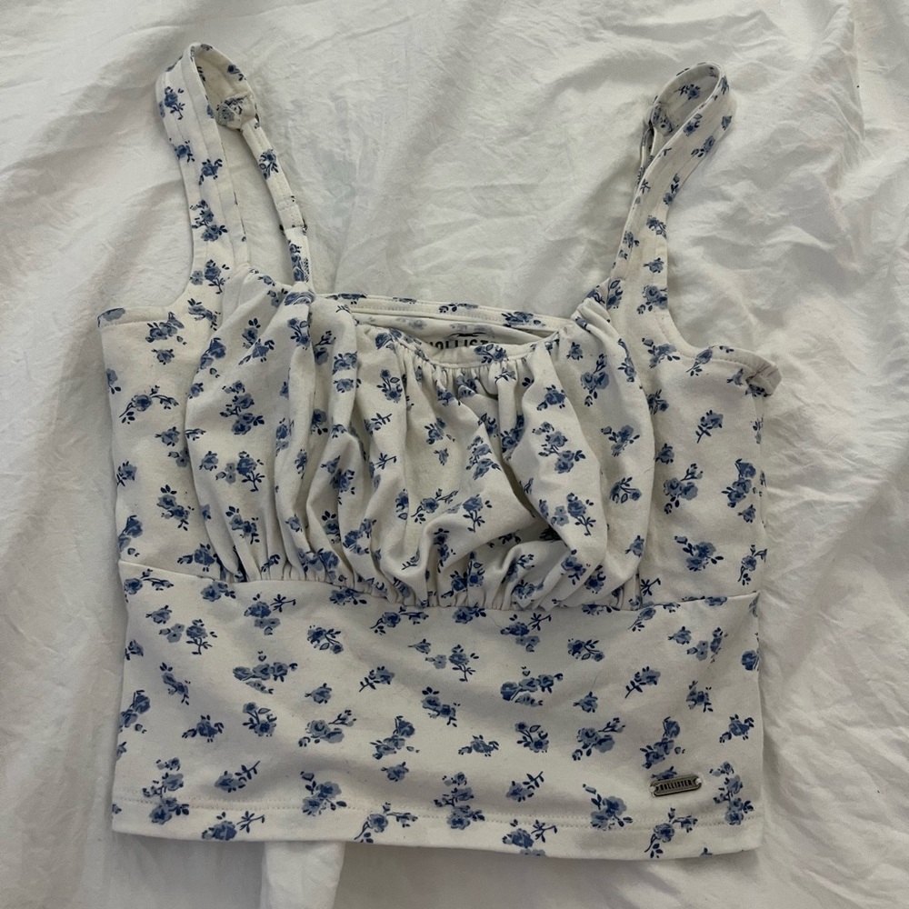 white and blue floral tank